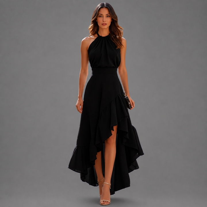 Benetou - Vestido Maxi Com Decote Halter, Folhos E Corte Assimétrico
