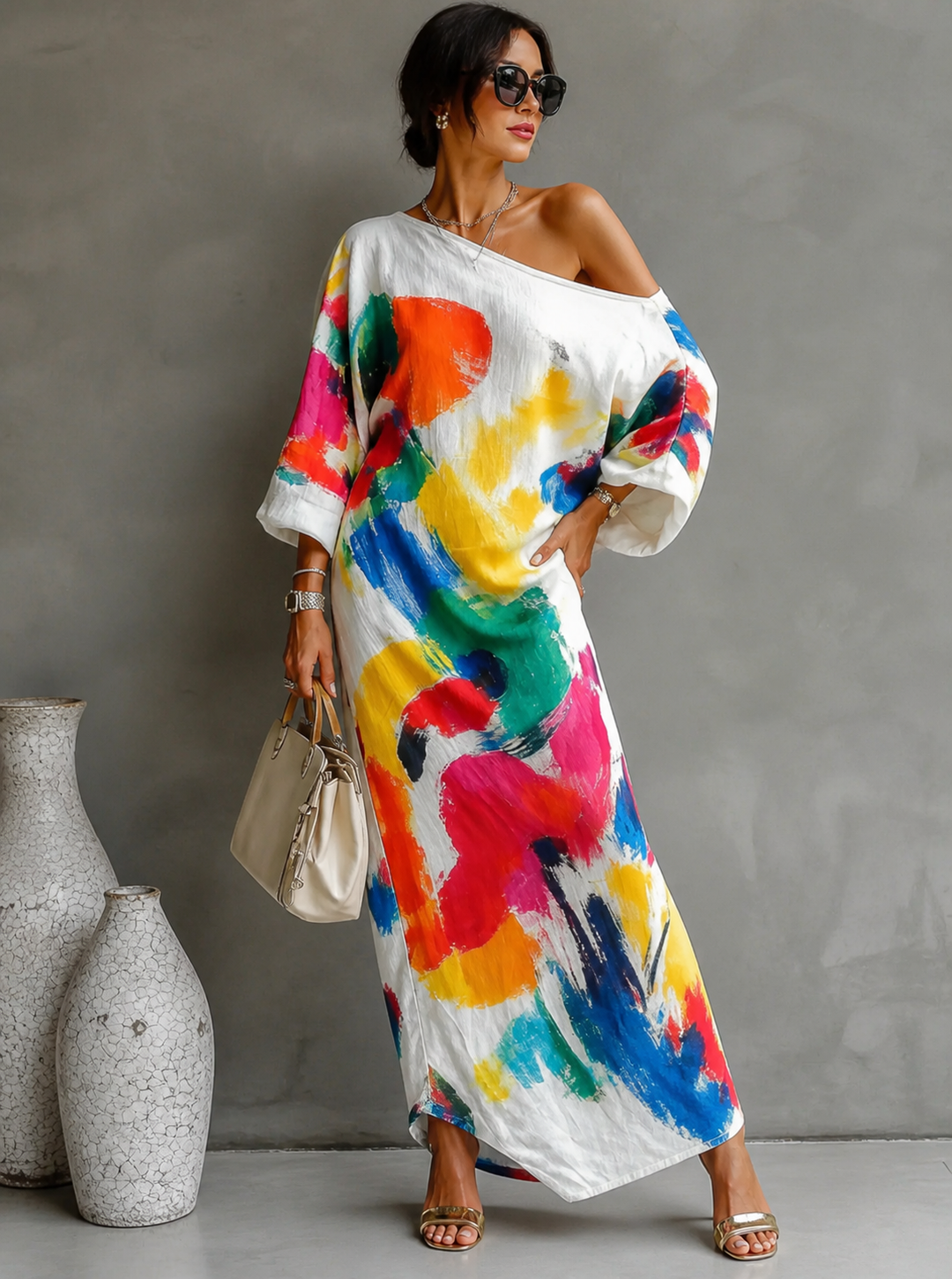 Lorrainen - Vestido Maxi Artístico de Um Ombro