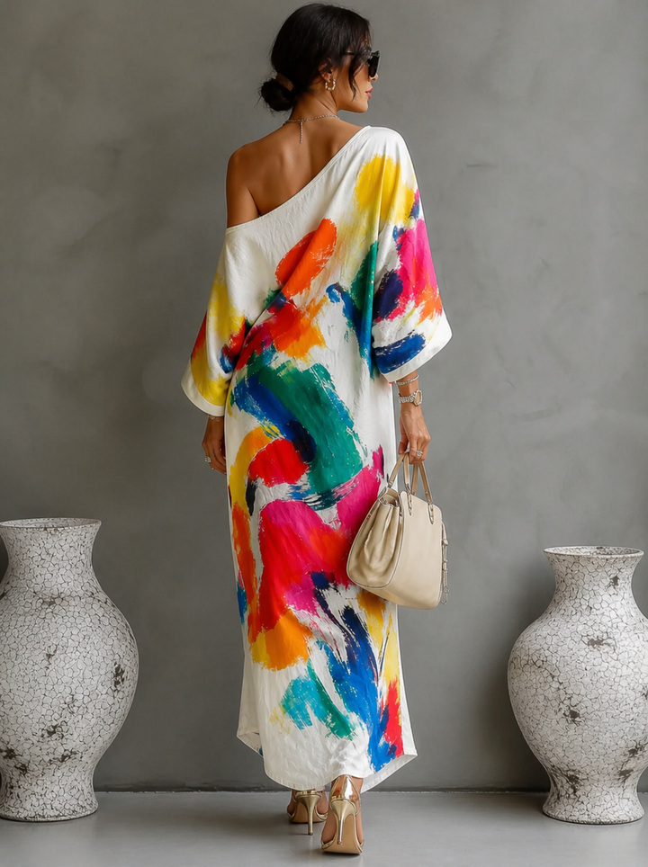 Lorrainen - Vestido Maxi Artístico de Um Ombro