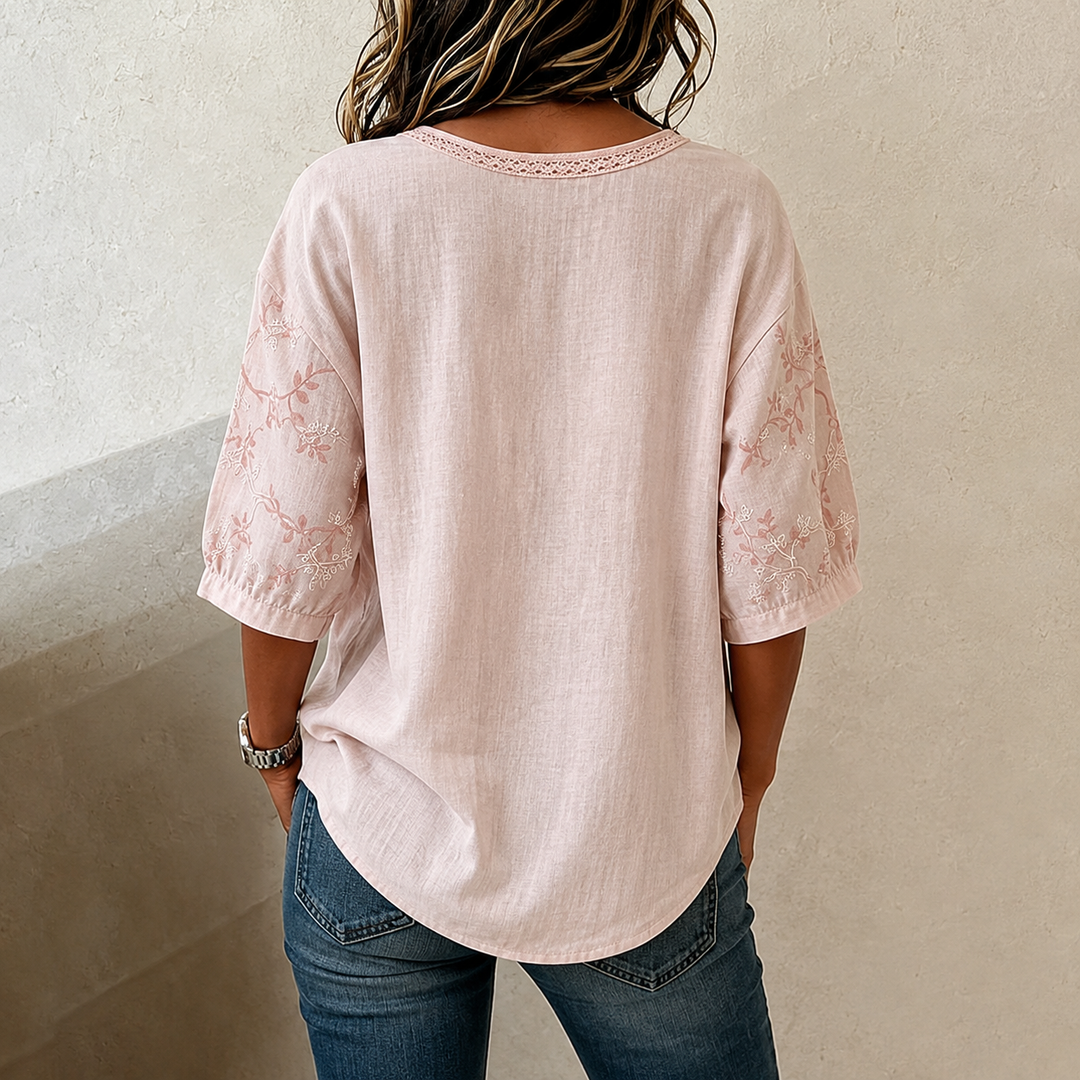 Tilija - Blusa Com Mangas Curtas, Laço À Frente E Bordados
