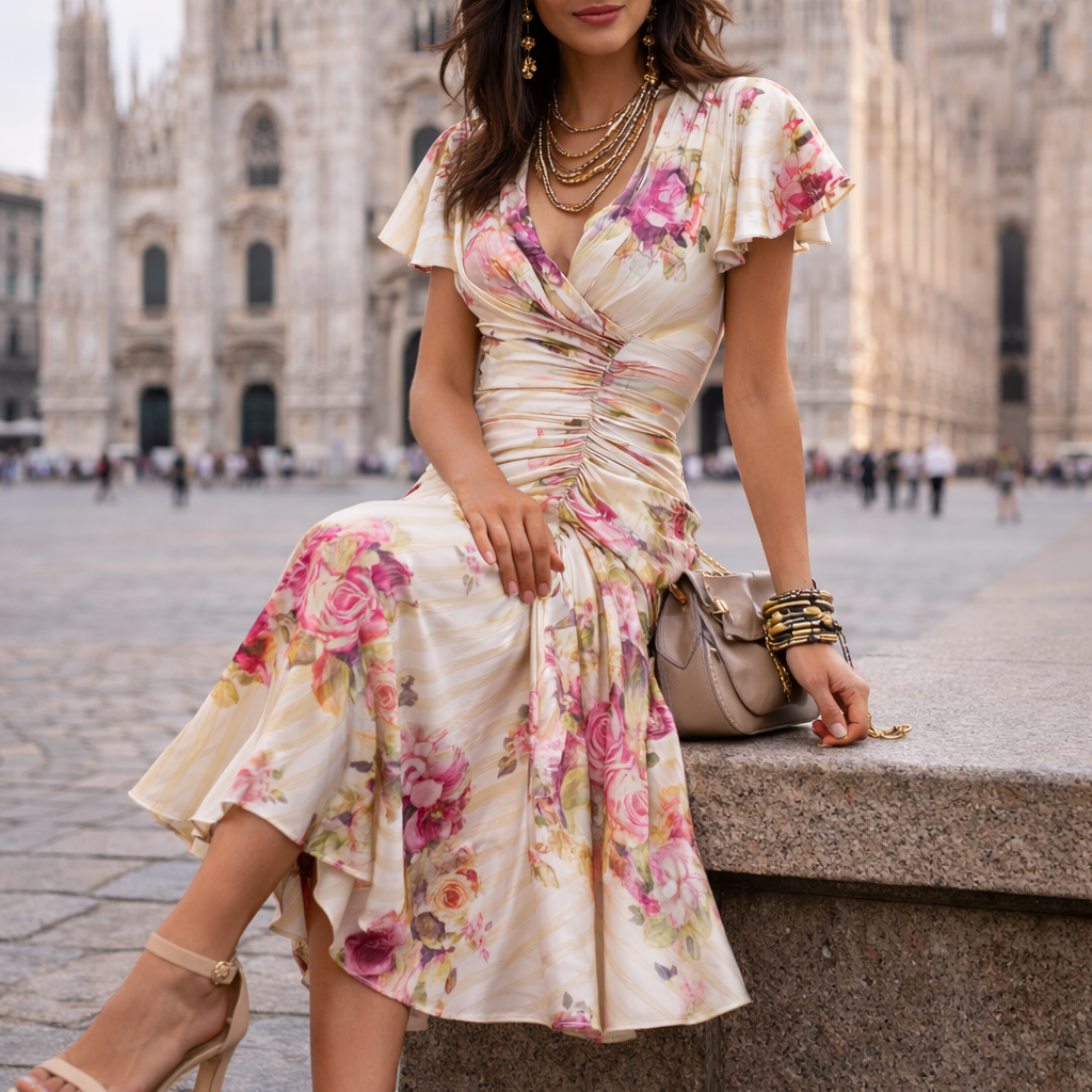 Neomi - Vestido Elegante De Cetim Com Padrão Floral Retro