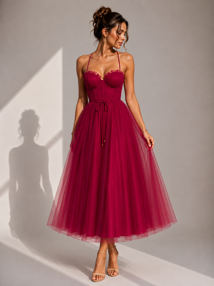 Chiyoko - Vestido Midi Elegante Com Costas Abertas