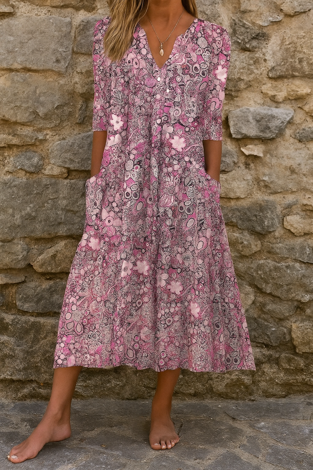 Eliskaa - Vestido Floral Elegante Com Decote Em V