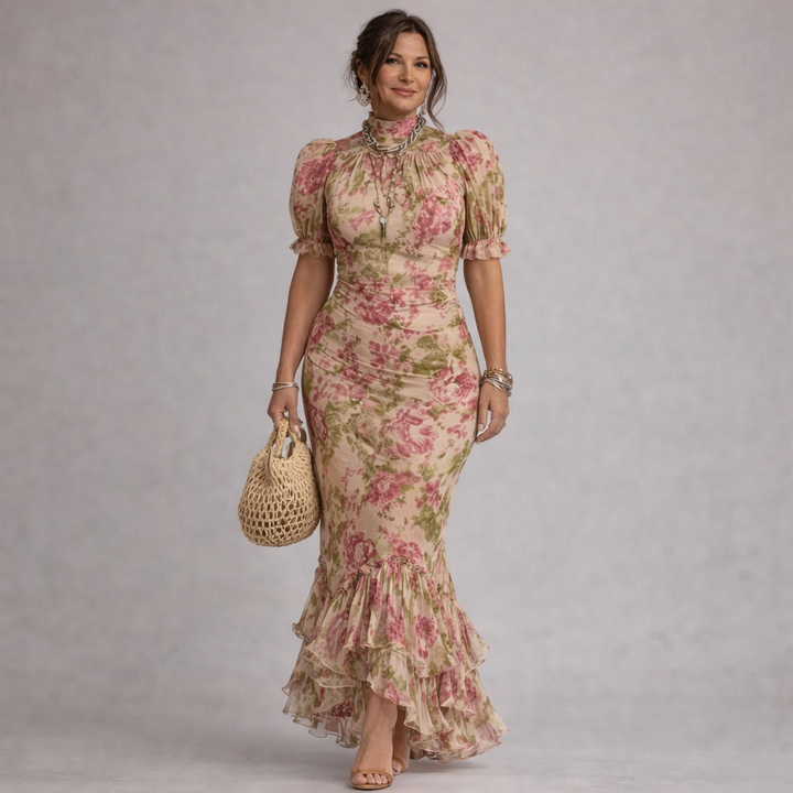 Erikka - Vestido Floral Em Chiffon Com Bainha Com Folhos