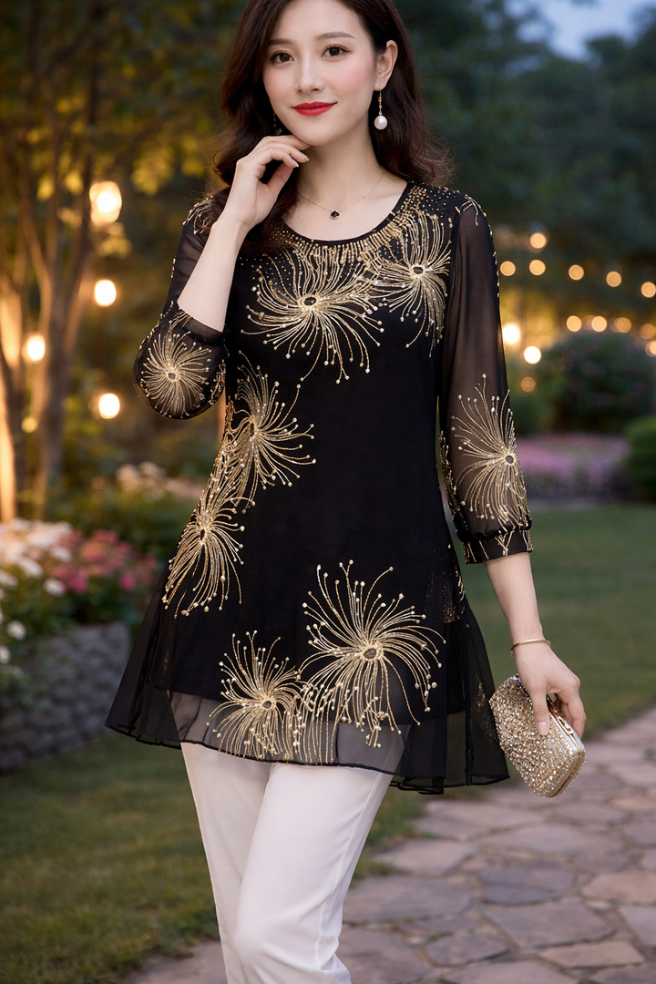 Skirmante - Tops Estampados em Chiffon Com Gola Redonda