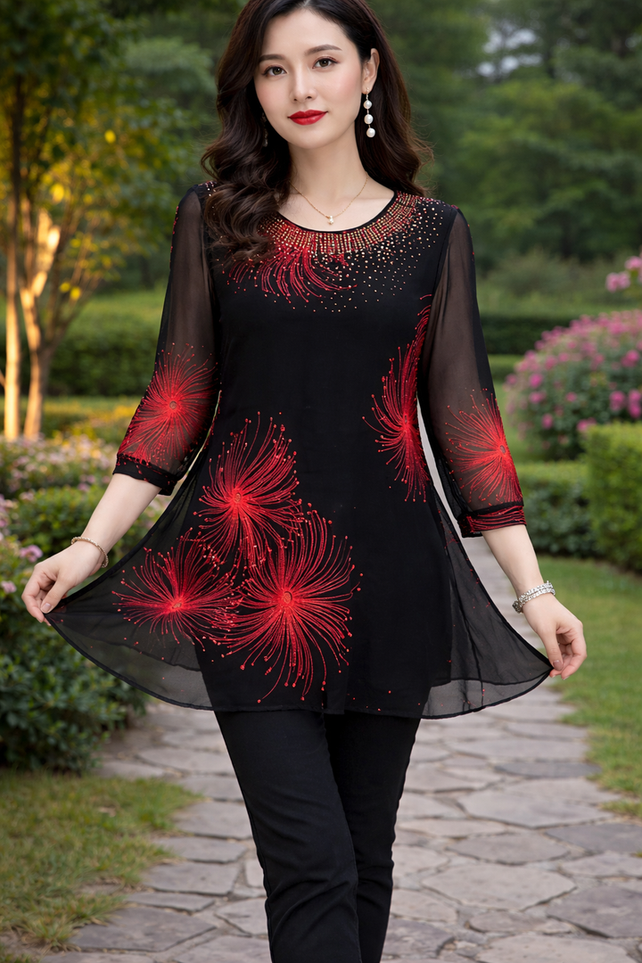 Skirmante - Tops Estampados em Chiffon Com Gola Redonda