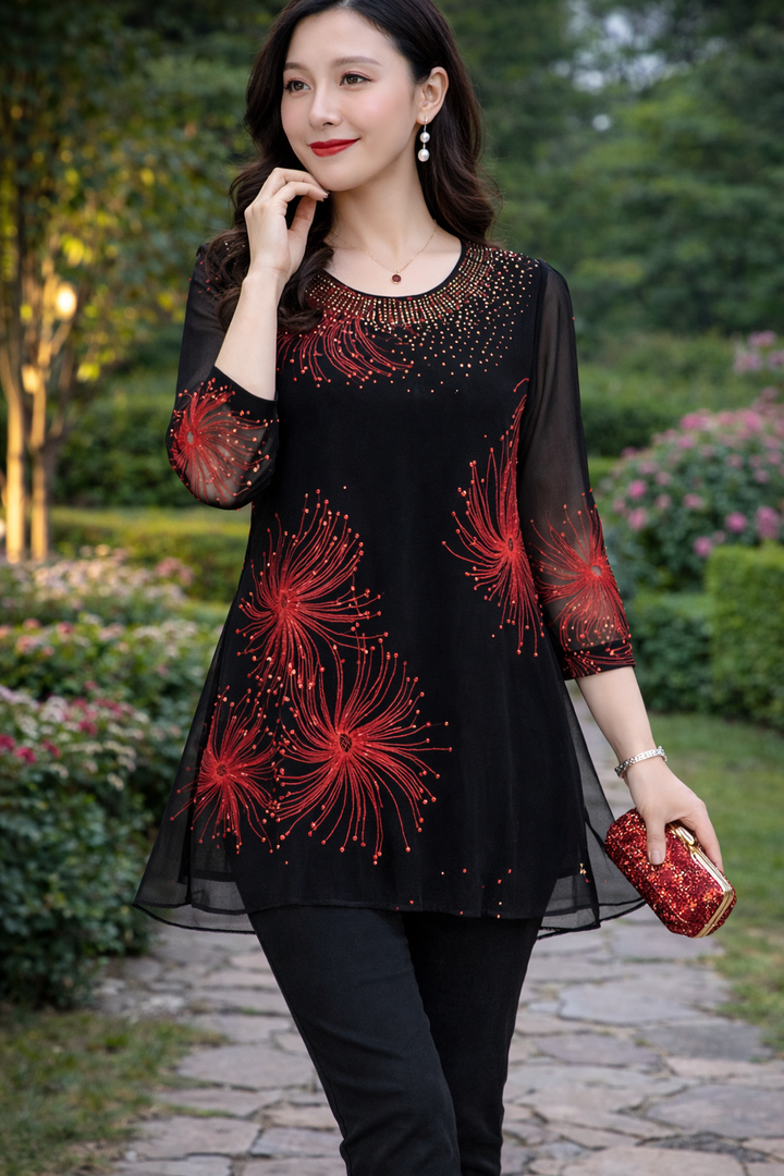 Skirmante - Tops Estampados em Chiffon Com Gola Redonda
