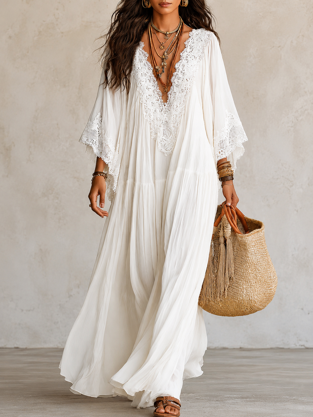 Shimmila - Vestido Maxi De Chiffon Com Mangas Em Forma De Asa De Morcego e Renda