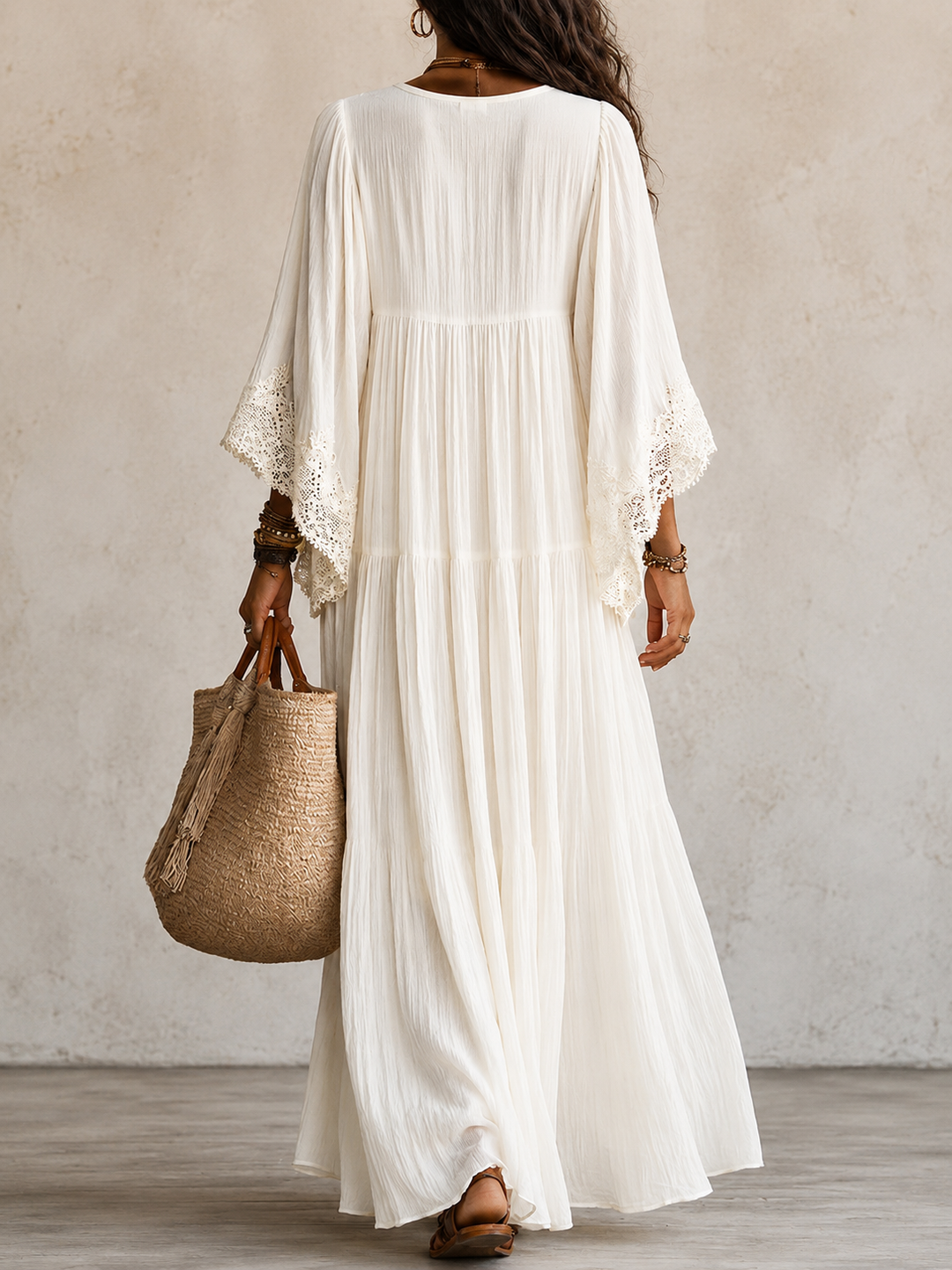Shimmila - Vestido Maxi De Chiffon Com Mangas Em Forma De Asa De Morcego e Renda