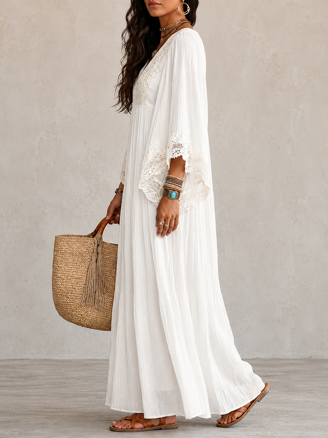 Shimmila - Vestido Maxi De Chiffon Com Mangas Em Forma De Asa De Morcego e Renda