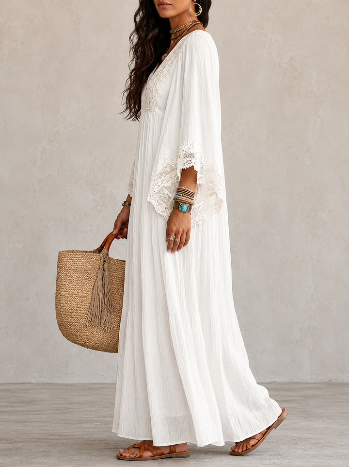 Shimmila - Vestido Maxi De Chiffon Com Mangas Em Forma De Asa De Morcego e Renda