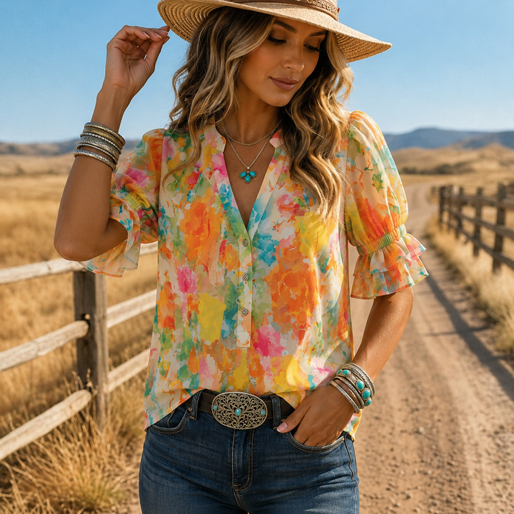 Suda - Blusa Floral Com Botões À Frente E Mangas Bufantes