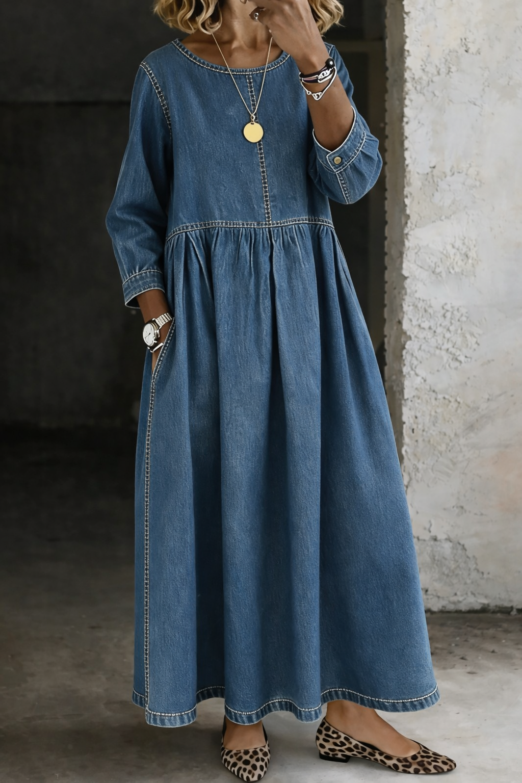 Stelzer - Vestido Maxi De Ganga Com Decote Redondo