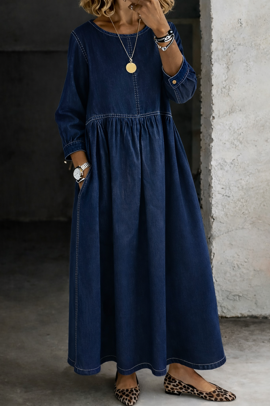 Stelzer - Vestido Maxi De Ganga Com Decote Redondo