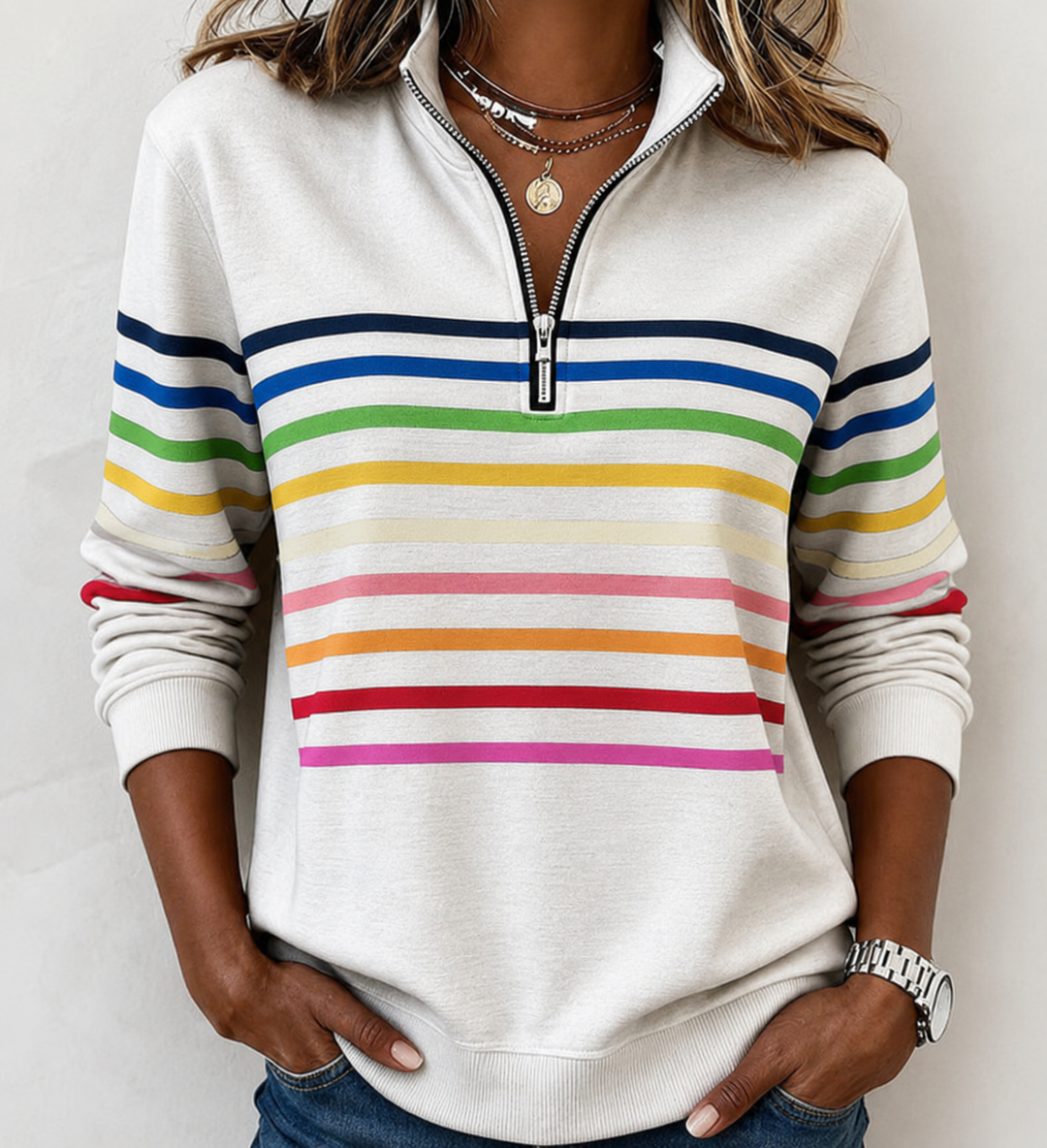 Josyna - Camisola Com Zíper de um Quarto às Riscas