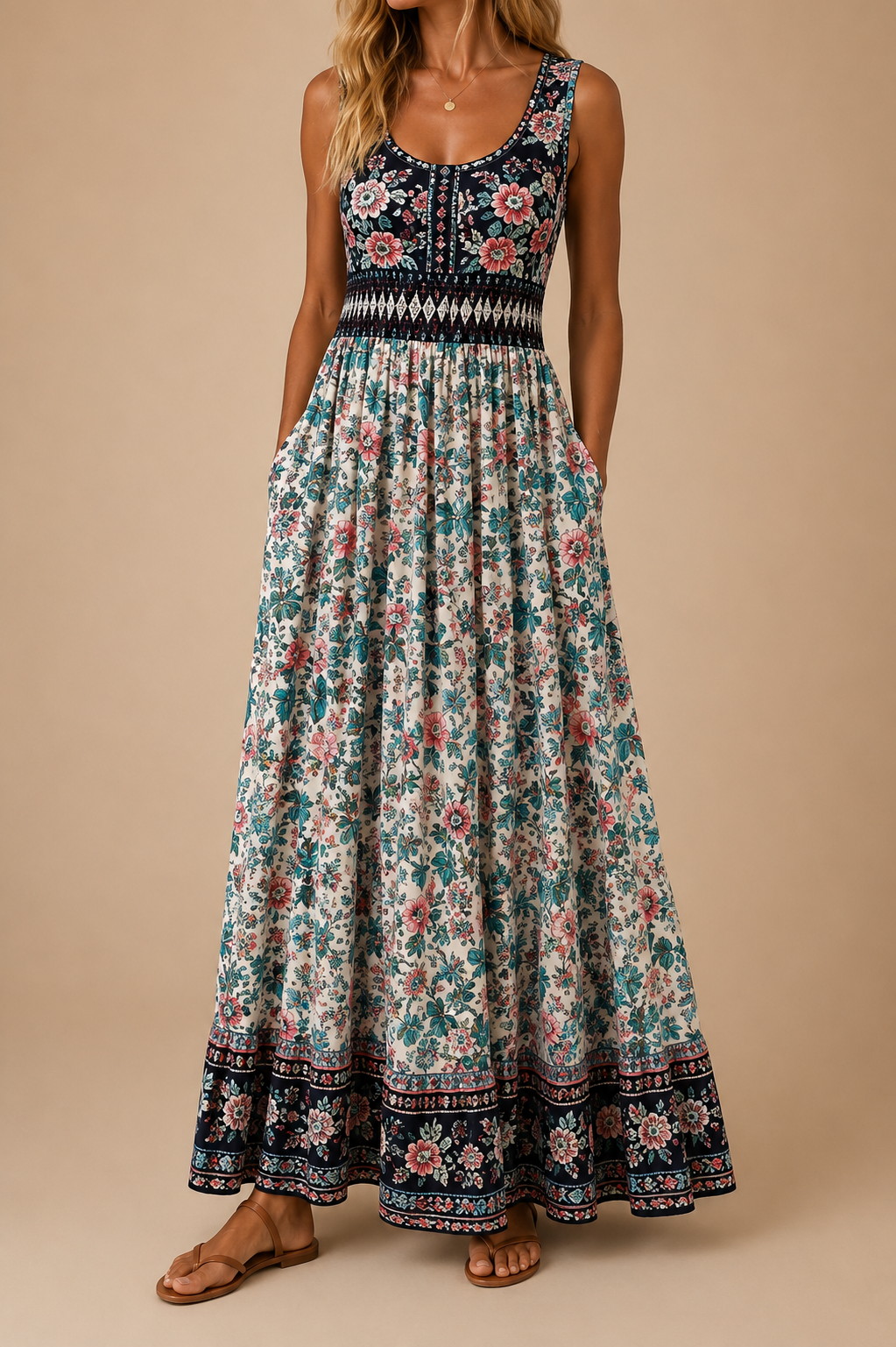 Raqual - Vestido Maxi Com Padrão Floral e Bolsos