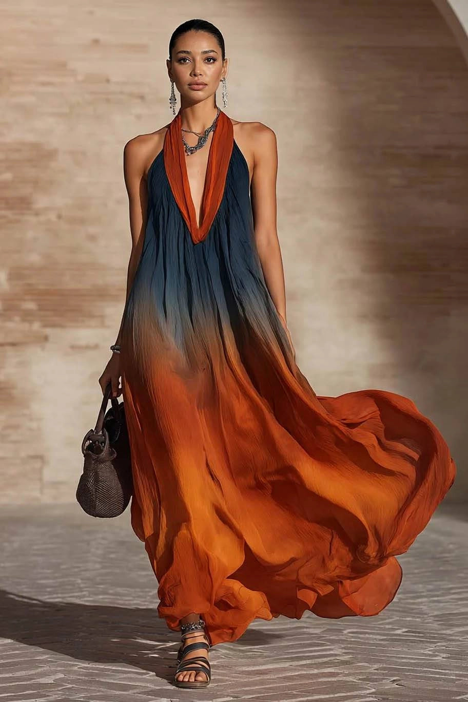 Naeela - Vestido Maxi Com Decote Halter/em V e Efeito Ombre