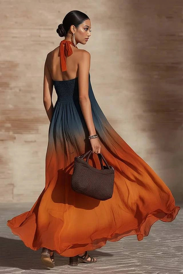 Naeela - Vestido Maxi Com Decote Halter/em V e Efeito Ombre