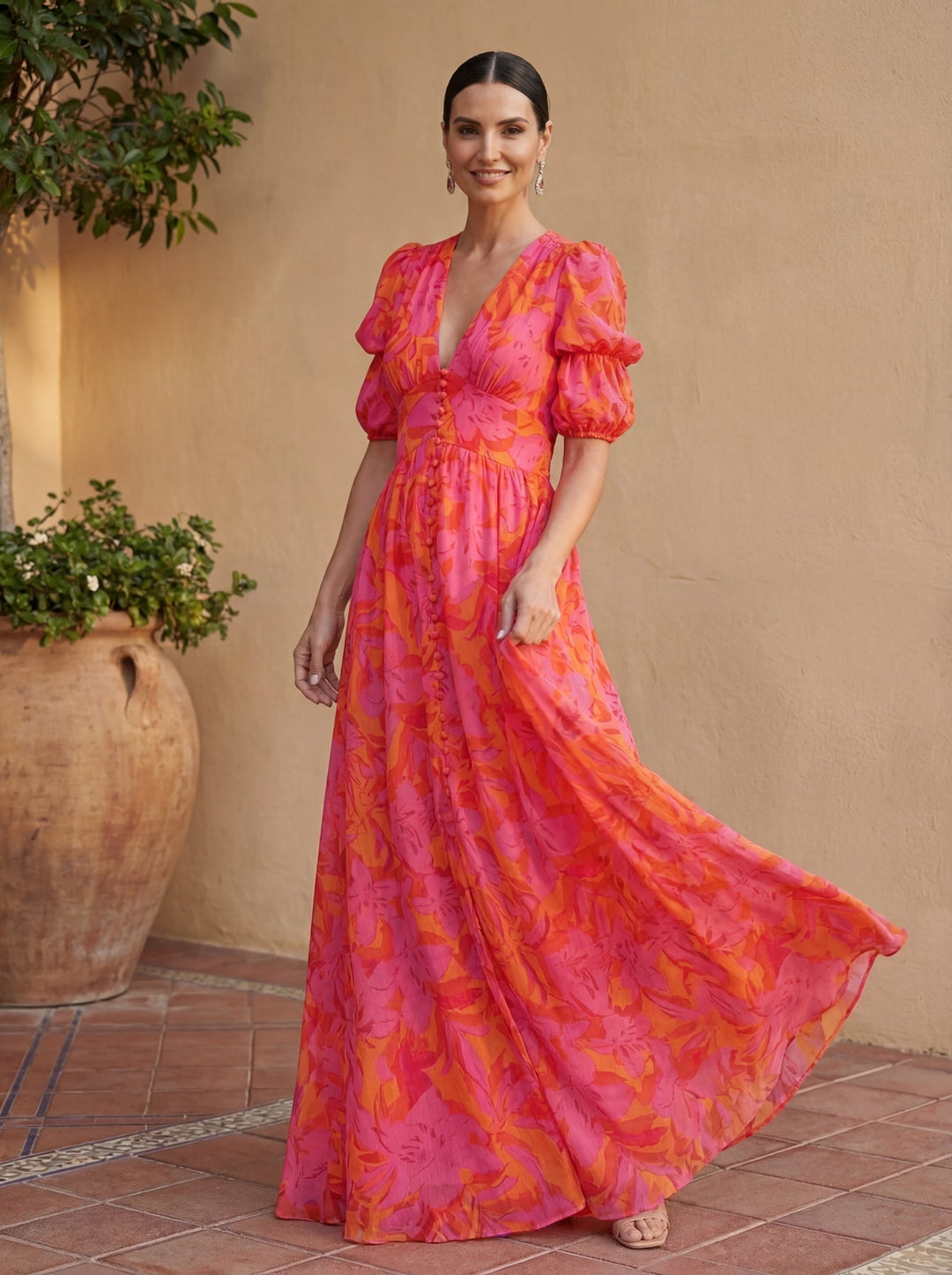 Zinnia - Vestido Maxi com Decote em V e Padrão Floral Vibrante