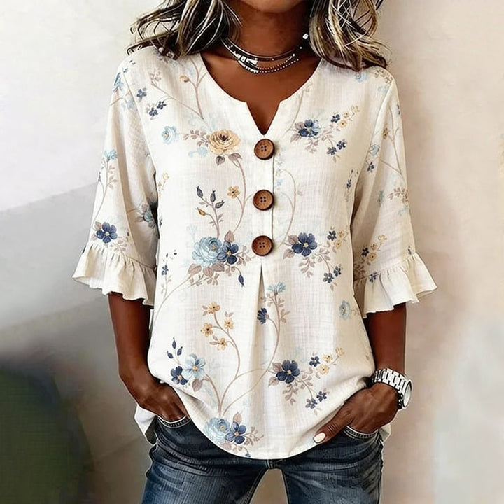 Kulap - Blusa Floral Com Botões E Mangas Com Folhos