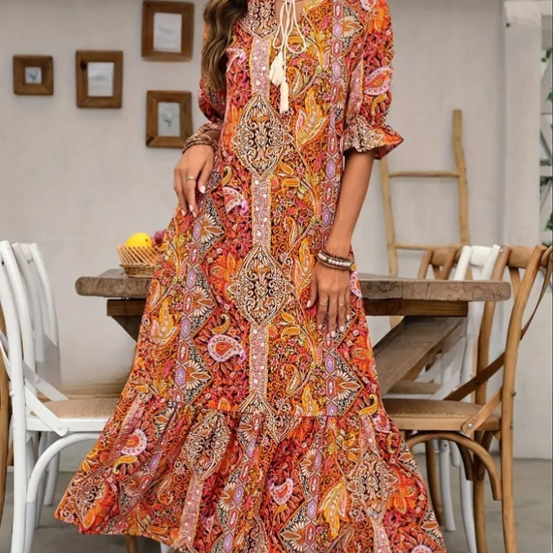 Aniy - Vestido de Verão com Padrão Floral e Decote em V