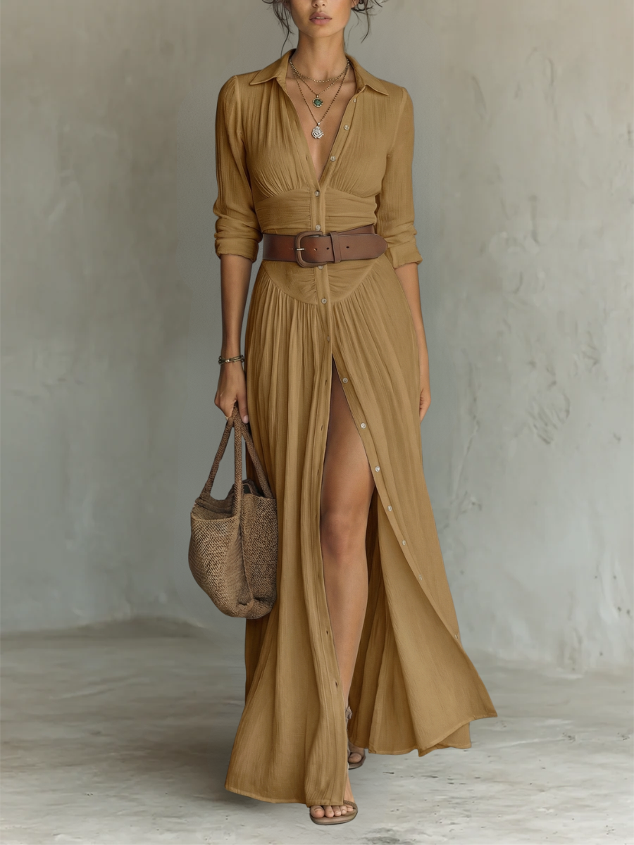 Sewmini - Vestido Maxi de linho Com Gola lapela