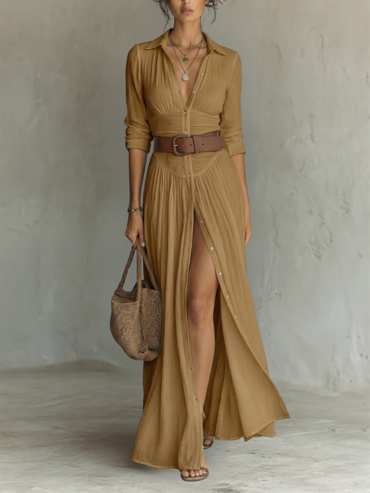 Sewmini - Vestido Maxi de linho Com Gola lapela