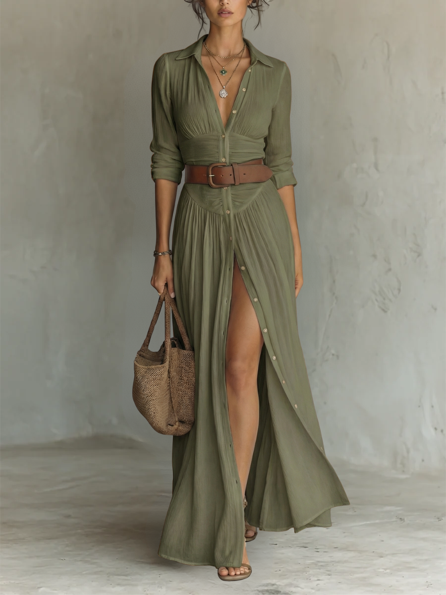 Sewmini - Vestido Maxi de linho Com Gola lapela