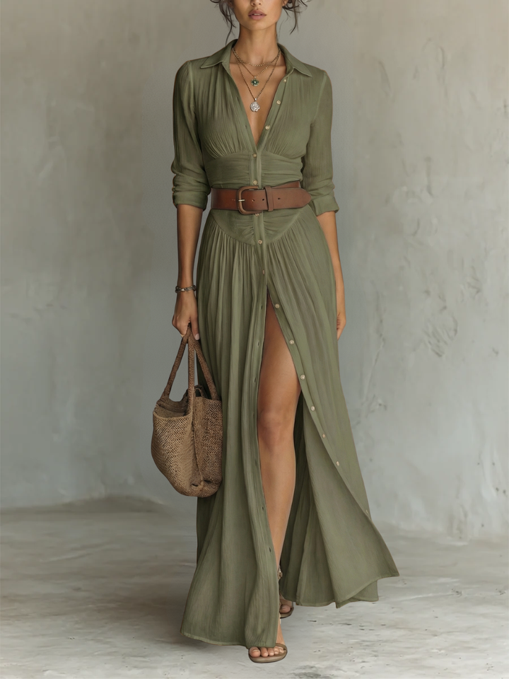 Sewmini - Vestido Maxi de linho Com Gola lapela