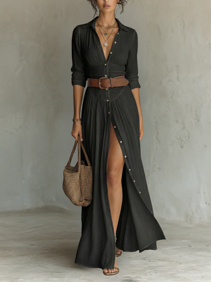 Sewmini - Vestido Maxi de linho Com Gola lapela