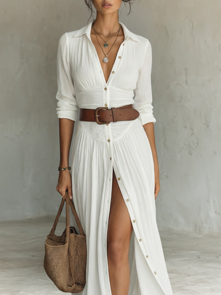 Sewmini - Vestido Maxi de linho Com Gola lapela