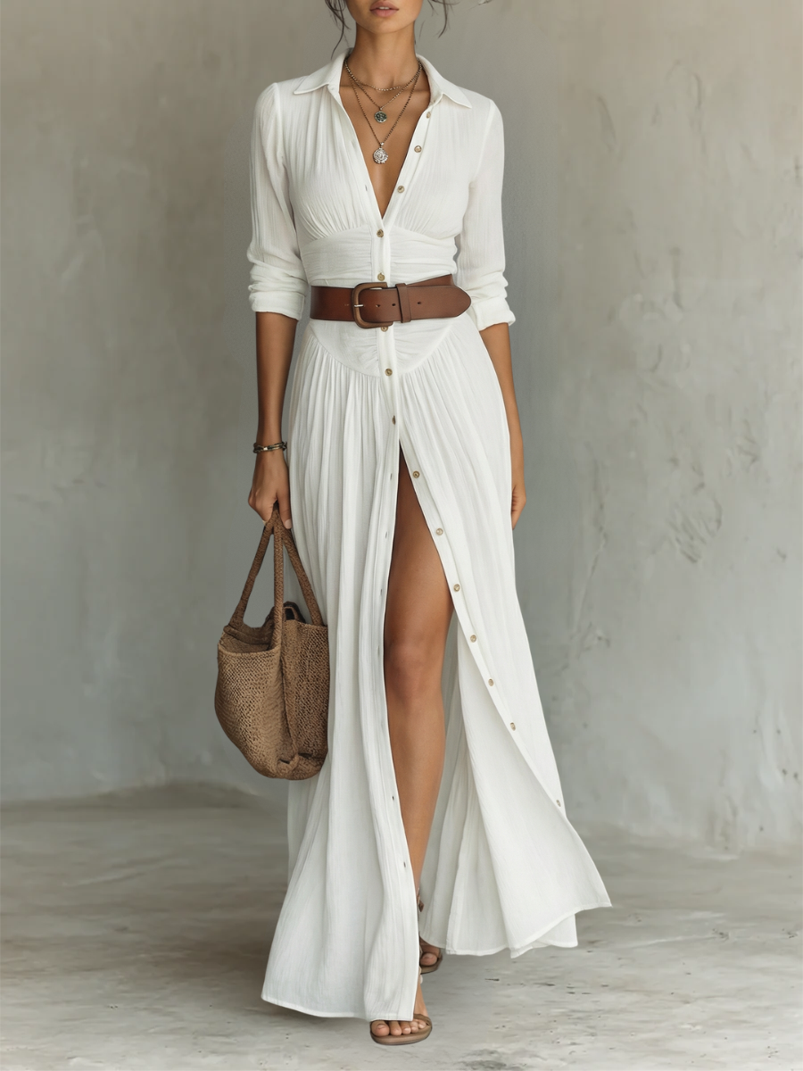 Sewmini - Vestido Maxi de linho Com Gola lapela