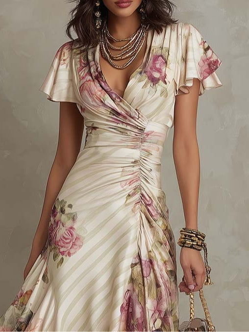 Neomi - Vestido Elegante De Cetim Com Padrão Floral Retro