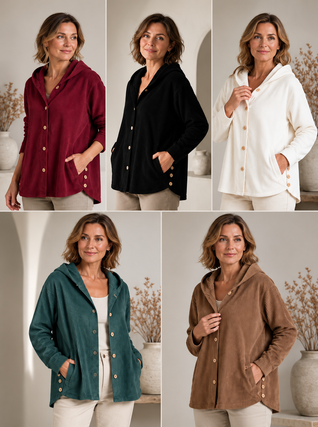 Tezila - Casaco Elegante De Veludo Cotelê Com Capuz