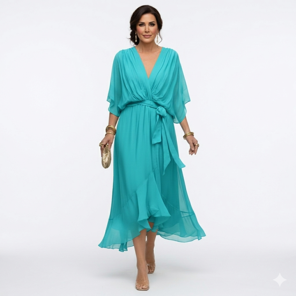 Zagda - Vestido Midi Elegante Com Decote Em V