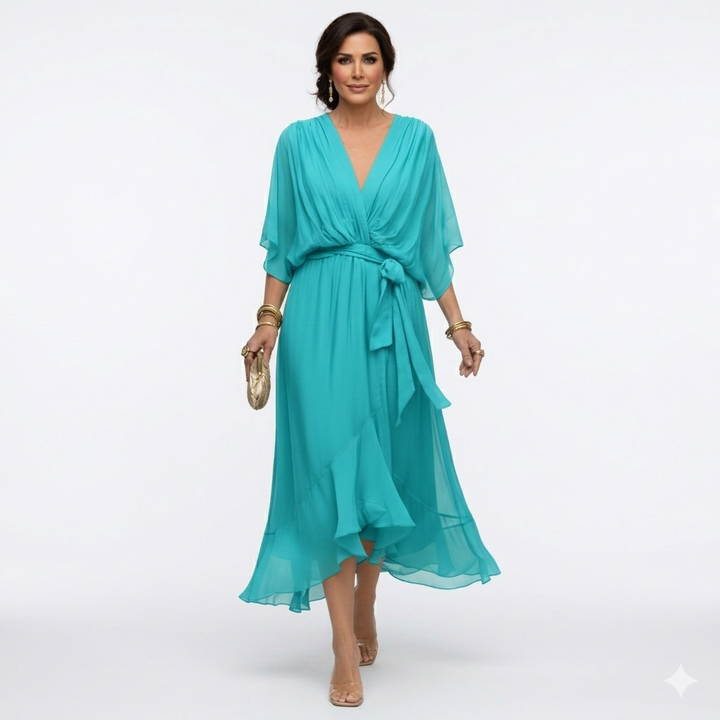 Zagda - Vestido Midi Elegante Com Decote Em V