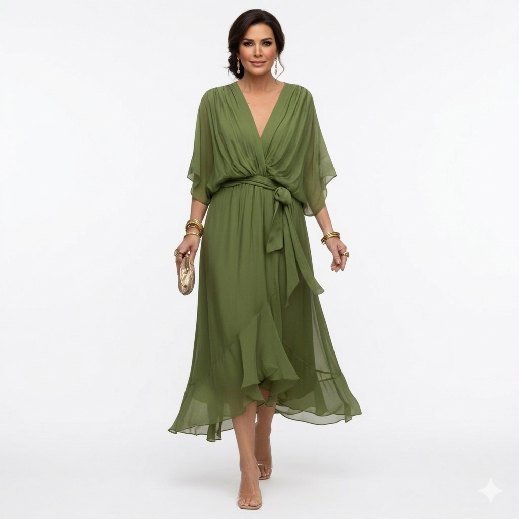 Zagda - Vestido Midi Elegante Com Decote Em V