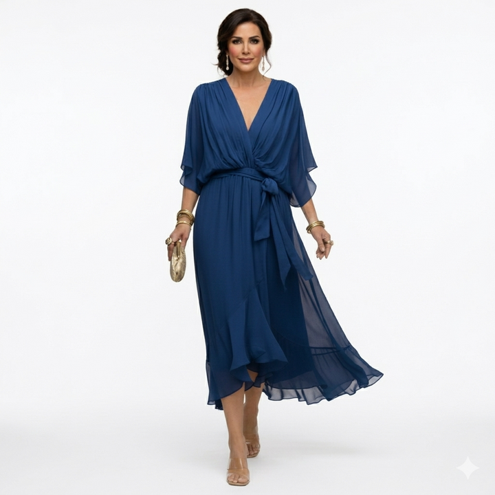 Zagda - Vestido Midi Elegante Com Decote Em V