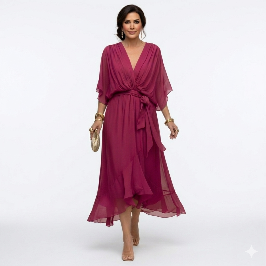 Zagda - Vestido Midi Elegante Com Decote Em V
