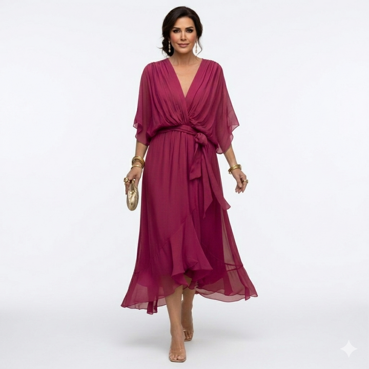 Zagda - Vestido Midi Elegante Com Decote Em V