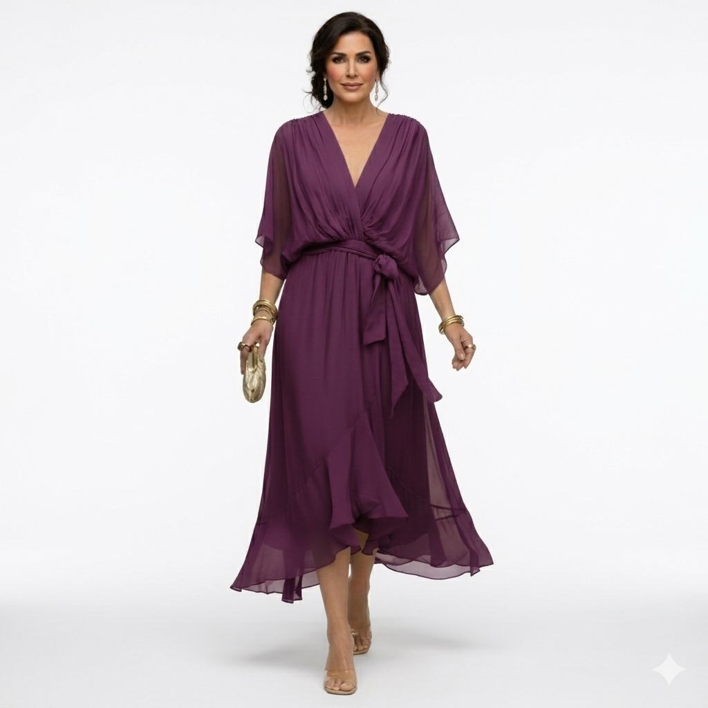 Zagda - Vestido Midi Elegante Com Decote Em V