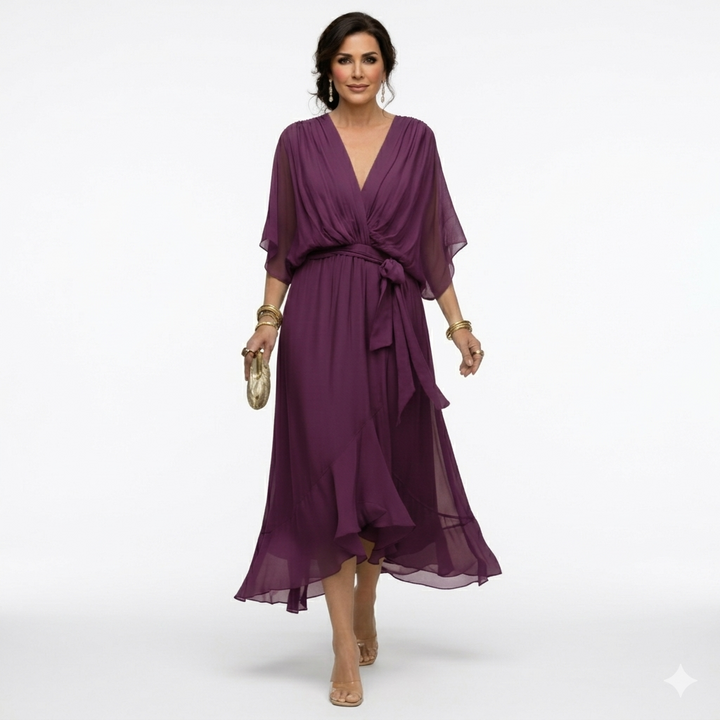 Zagda - Vestido Midi Elegante Com Decote Em V