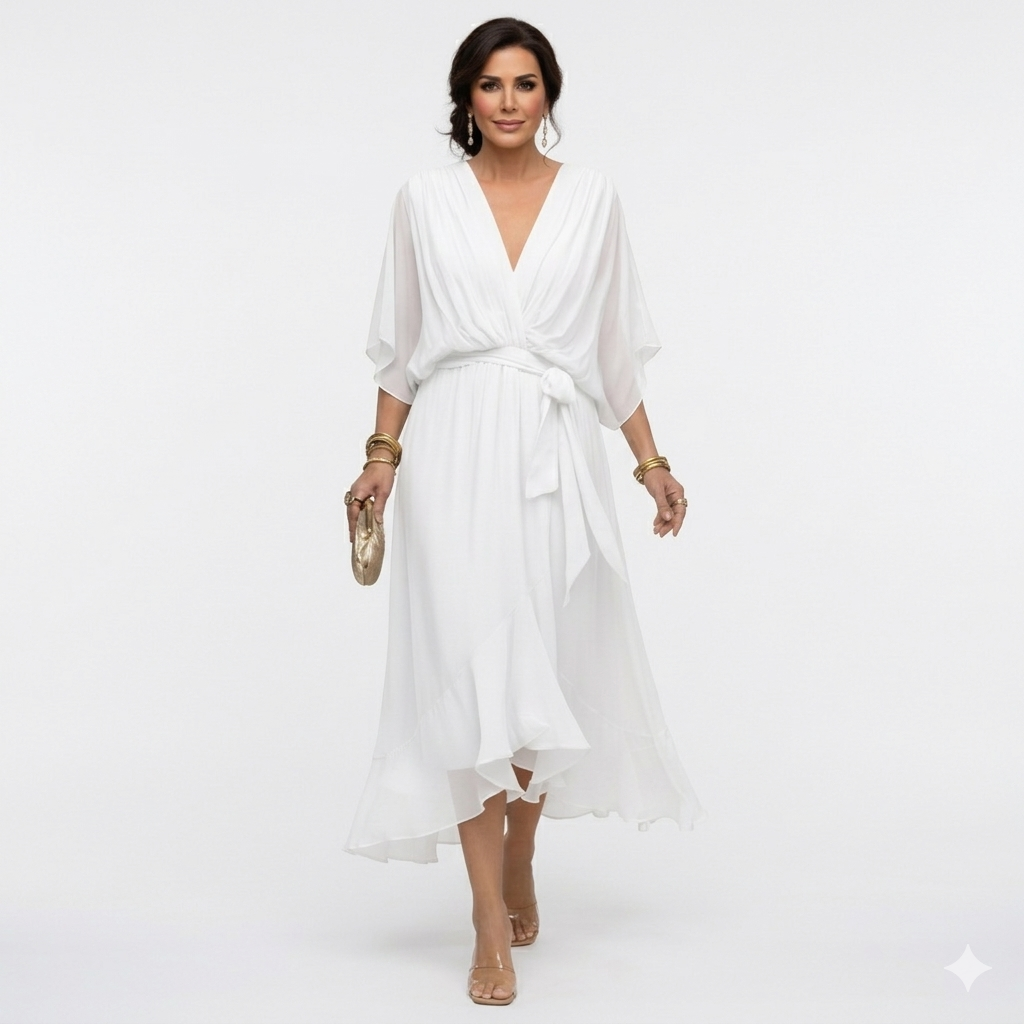 Zagda - Vestido Midi Elegante Com Decote Em V
