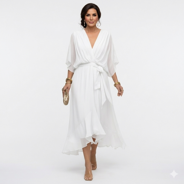 Zagda - Vestido Midi Elegante Com Decote Em V
