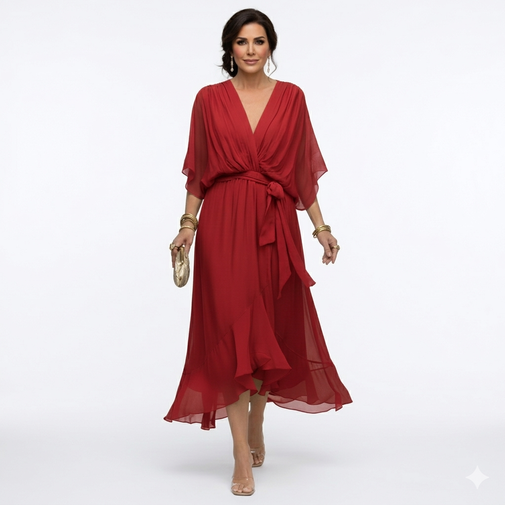 Zagda - Vestido Midi Elegante Com Decote Em V