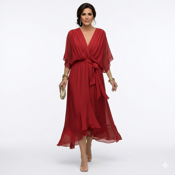 Zagda - Vestido Midi Elegante Com Decote Em V