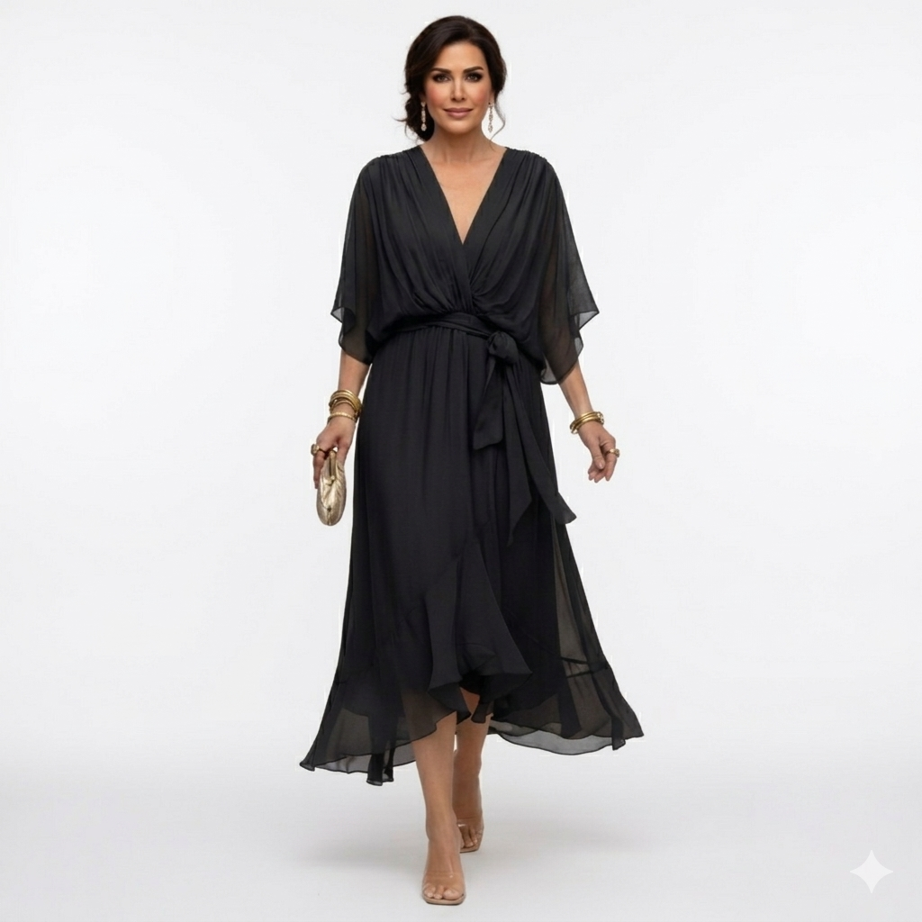 Zagda - Vestido Midi Elegante Com Decote Em V