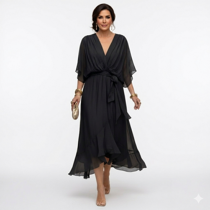 Zagda - Vestido Midi Elegante Com Decote Em V
