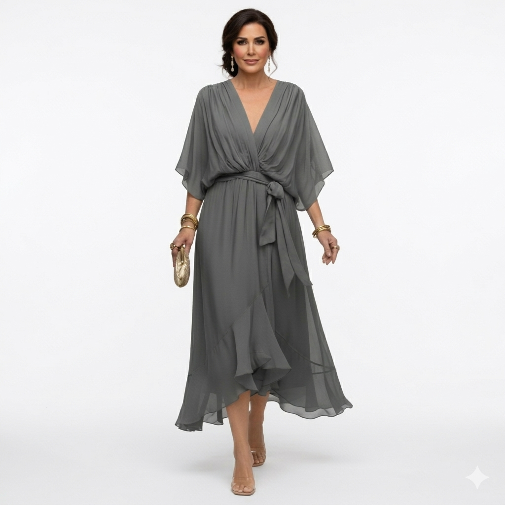 Zagda - Vestido Midi Elegante Com Decote Em V