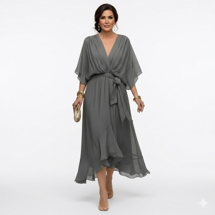 Zagda - Vestido Midi Elegante Com Decote Em V